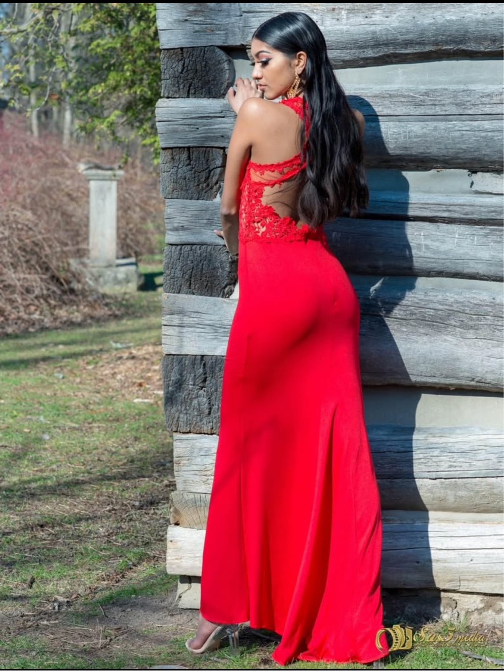 Red Lace-Back Evening Gown - Women's Formal Dress